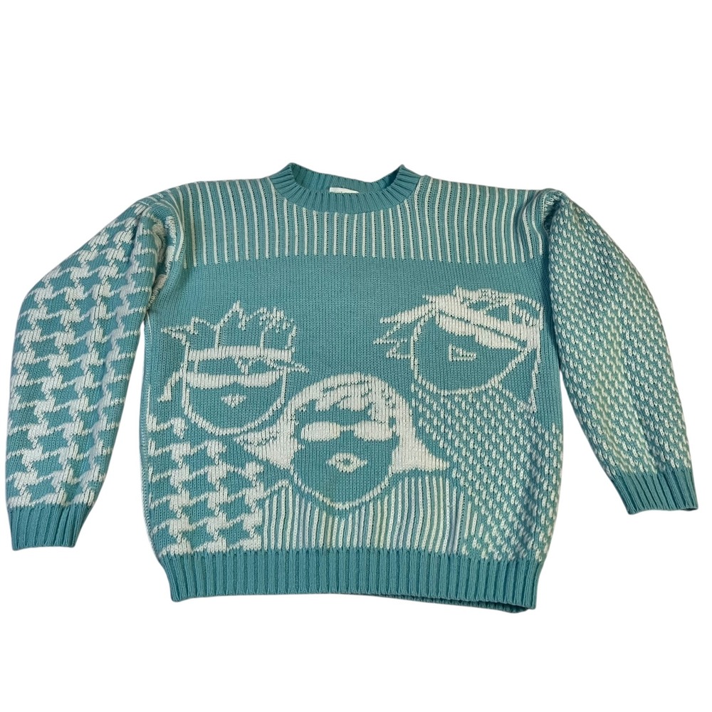 Vintage HG Kids Graphic Sweater Large Teal 80s Cartoon Faces Knit Made USA
